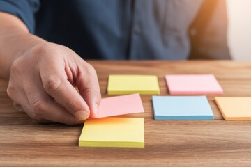 Obraz premium A person organizes colorful sticky notes on a wooden table, preparing for planning or brainstorming.