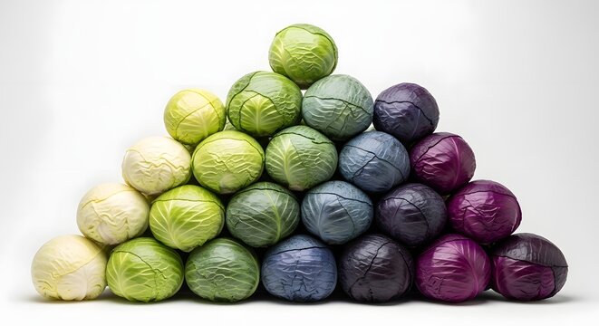 Colorful cabbages arranged in a pyramid shape