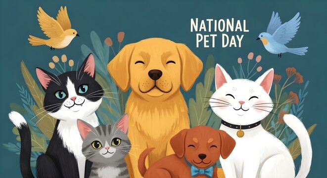 National pet day card design with cute pets cartoon on background.
