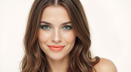 Naklejka premium Close up portrait of a young woman with green eyeshadow and coral lipstick. Smiling female model with wavy brown hair. Beauty and skincare concept