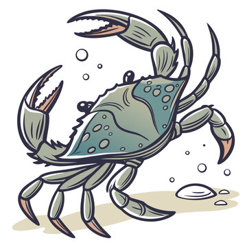 A charming colorful cartoon illustration depicts a blue crab with prominent claws and textured shell set against a white background high quality