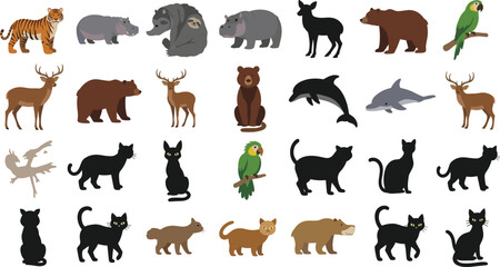 Obraz premium Wild and Domestic Animals Vector Illustration Set Featuring Cats, Deer, Bear, Dolphin, Tiger, Parrot, and Various Wildlife Silhouettes in Flat Cartoon Style.