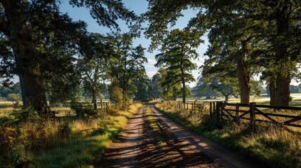Naklejka premium Scenic country road winding through old trees with golden morning sunlight and wooden fence
