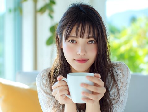明るい室内でマグカップを手に持ちこちらを見つめるレースを纏った笑顔の若い女性