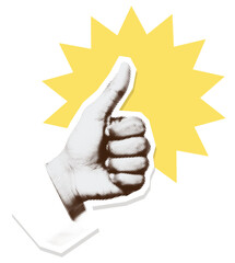 Halftone hand gesture thumbs up on yellow burst shape. Vintage 90s zine collage paper sticker isolated on transparent background.