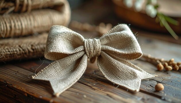 Rustic burlap bow on wooden table with rolled burlap, dried buds, and natural aesthetic, creating a warm and cozy mood