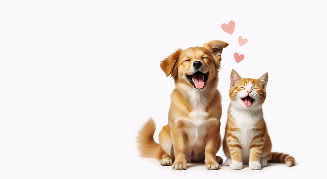 Pets day national cat and dog, art video illustration with pink hearts isolated on white background
