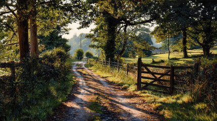 Naklejka premium Idyllic country road winding through old trees with golden morning sunlight and rustic wooden fence