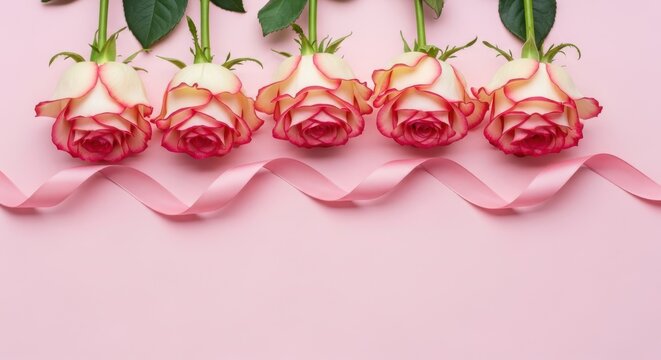 Five beautiful cream and pink roses arranged in a row with a delicate pink ribbon on a soft pink background, top view, copy space