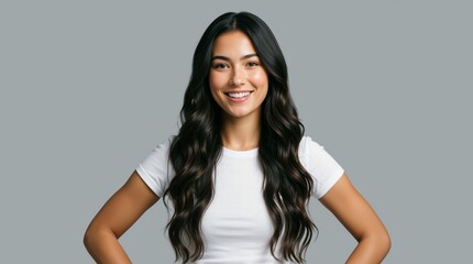Fototapeta premium Portrait of a smiling young woman with long dark hair. Confident female model in a white t-shirt standing against a gray background. Copy space for text