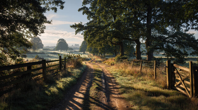 Idyllic country road winding through old trees with golden morning sunlight and rustic wooden fence