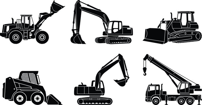 Construction machinery silhouettes set including excavator loader bulldozer crane and skid steer representing heavy equipment industrial work vector icons