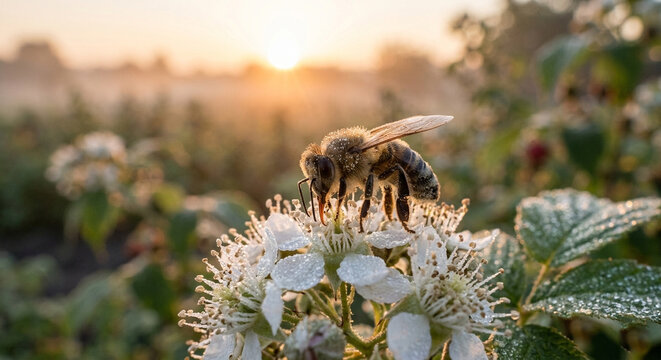 A fuzzy honeybee gathers nectar from delicate white flowers in the soft glow of sunrise