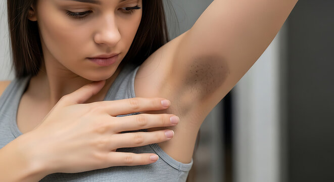 Woman examining dark underarm area with visible hair stubble armpit