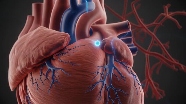 3D visualization of the human heart's electrical conduction system, showing active blue impulses and nodes coordinating rhythmic contractions.