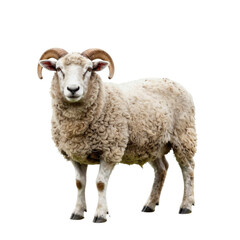 Fototapeta premium Majestic ram stands proudly against a bright white backdrop in a studio setting