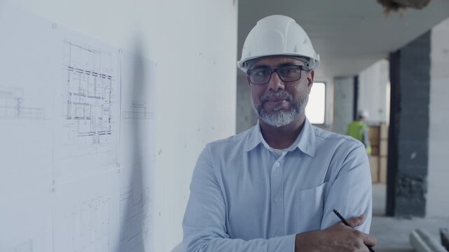 Senior Indian engineer wearing safety hard hat standing near floor plan on wall at construction site, holding arms crossed and looking at camera with smile. Video portrait