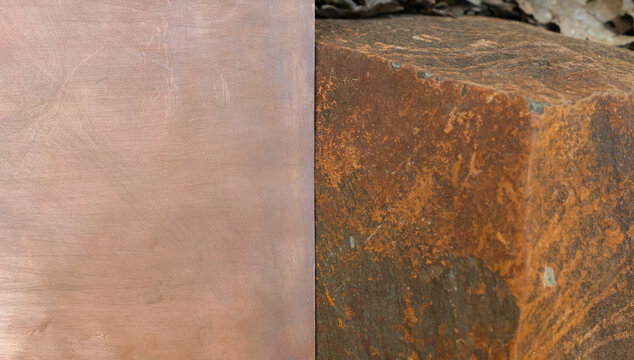 Rough red-brown stone and copper contrast. Luxury and sustainability. Perfect balance for modern branding. Copy space. Selective focus.
