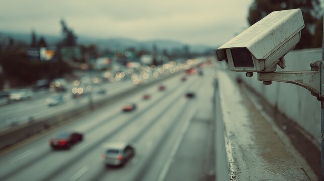 Roadside Security Camera Overlooking Highway Traffic with Modern Design and Subtle Weathering