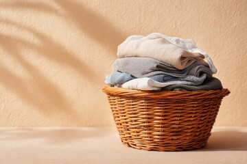 Obraz premium Basket Filled With Clean, Folded Laundry on Beige Background With Soft Shadows in Bright Light