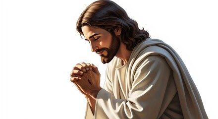 Obraz premium Holy image of Jesus Christ praying with bowed head and humble posture captured in premium isolated studio lighting composition on white background