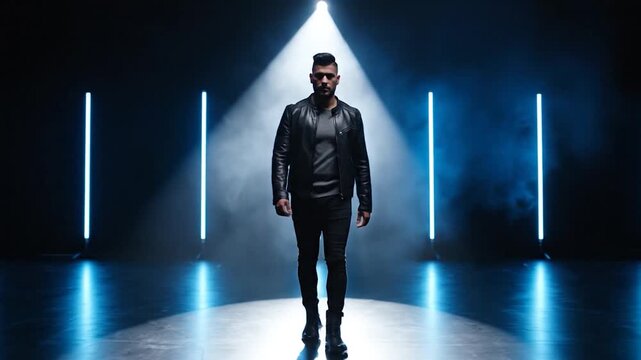 A stylish man in a leather jacket walks forward through a dark studio filled with blue neon lights and thick atmospheric smoke