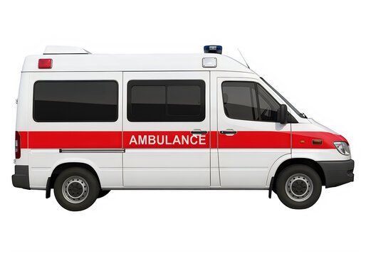 Emergency medical services van with red stripe and lights on top isolated on transparent background