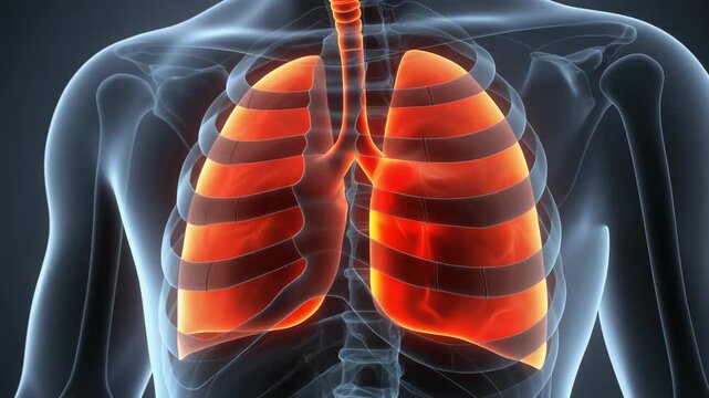 3D rendering of human chest cavity, showcasing glowing lungs and trachea within the transparent rib cage, emphasizing the respiratory system for medical study.
