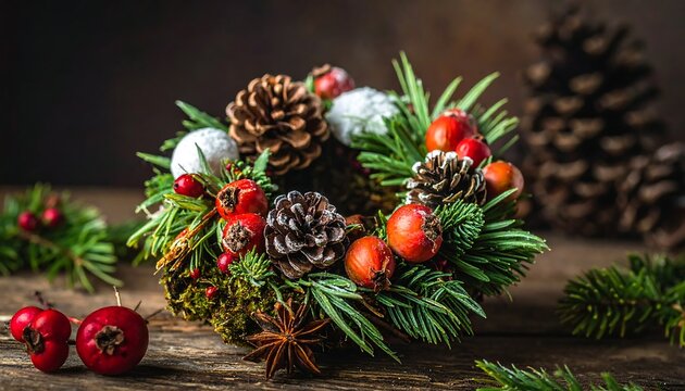 Rustic Christmas Miniature wreath with pinecones, berries, and greenery on aged wooden surface