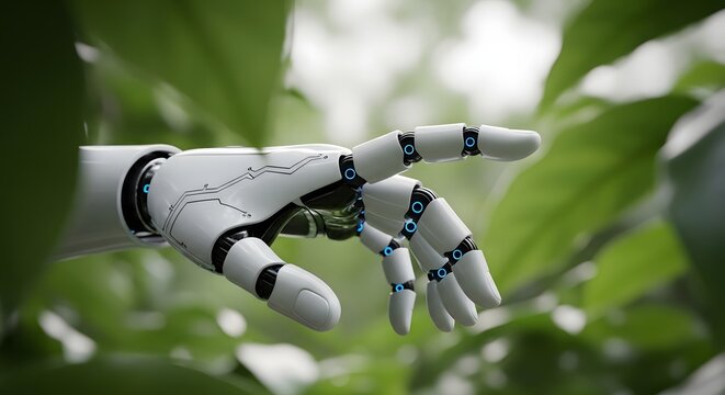 Robotic hand emerging from lush green foliage symbolizing artificial intelligence