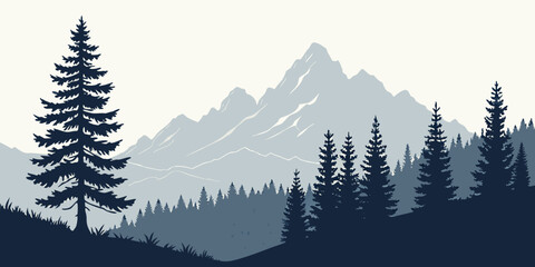 A minimalist vector graphic illustration of a mountain landscape with pine trees in a flat design style © AE