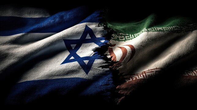 Israeli and Iranian flags torn apart, symbolizing conflict and tension between the two nations, with dark background enhancing the dramatic effect of the imagery