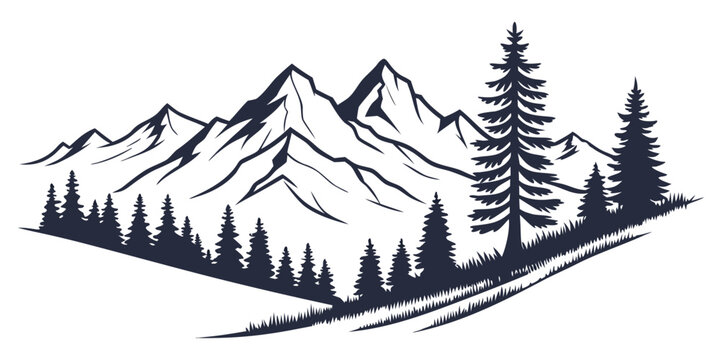 A minimalist vector graphic illustration of a mountain range with pine trees in a flat design style