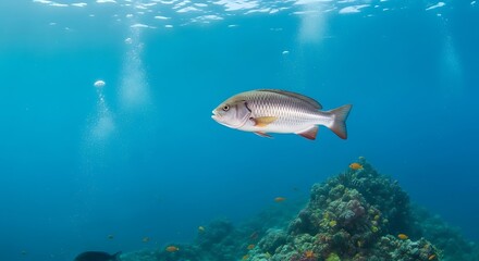 Fototapeta premium A fish swims near a coral reef underwater with sunlight filtering through.