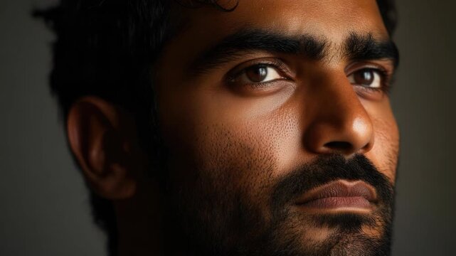 A man with stubble and a beard looking off to the side.