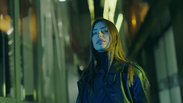 Portrait of Girl Looking at Camera in Colourful Filter. Portrait luxury woman. Neon lights. outside, beauty. Young attractive woman in trendy leather coat standing on night street with neon light.