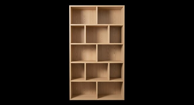 A tall, wooden bookcase with numerous rectangular and square compartments against a black backdrop