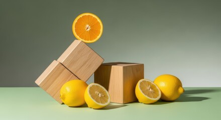Obraz premium Creative composition of fresh lemons and an orange slice with wooden blocks on a green background