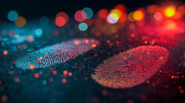 Two illuminated fingerprints with vibrant colorful bokeh lights in the background representing security, identity, and biometric technology concepts