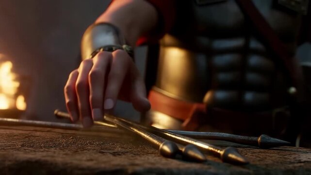 Gladiator armor with metallic breastplate and leather belt, worn by a muscular fighter featuring warrior, ancient, roman with combat and battle