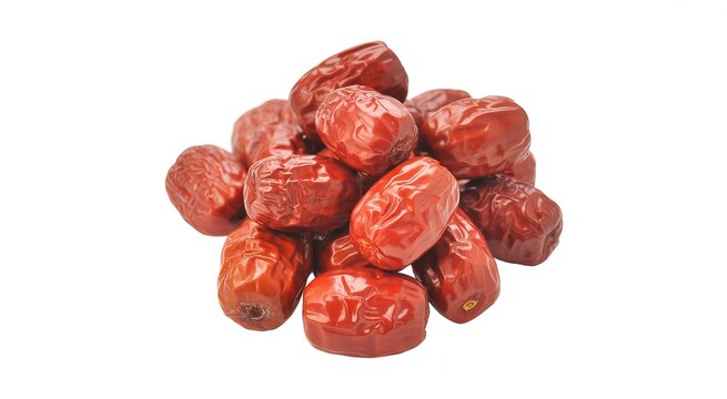 A pile of dried red jujube fruits on a white background dried jujube red dates