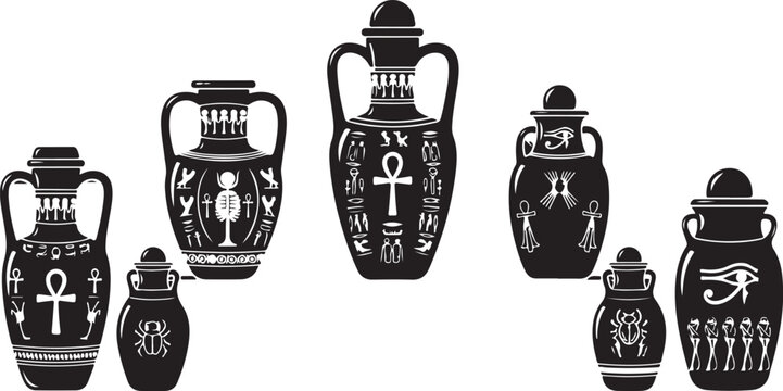 Black and white egyptian canopic jars with hieroglyphic symbols and