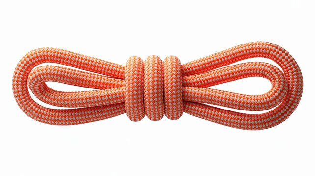 Orange and white climbing rope tied in a figure eight knot on a white background image