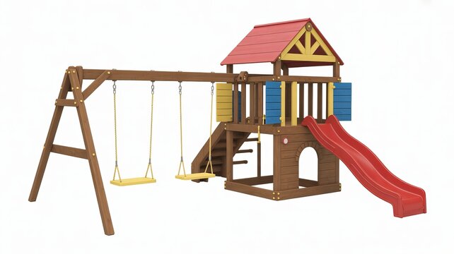 Wooden playground set with swings slide and playhouse structure on white background swing set children