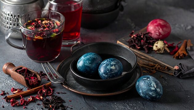 Rustic dark still life of tea, naturally dyed eggs, spices and dried hibiscus on gray surface