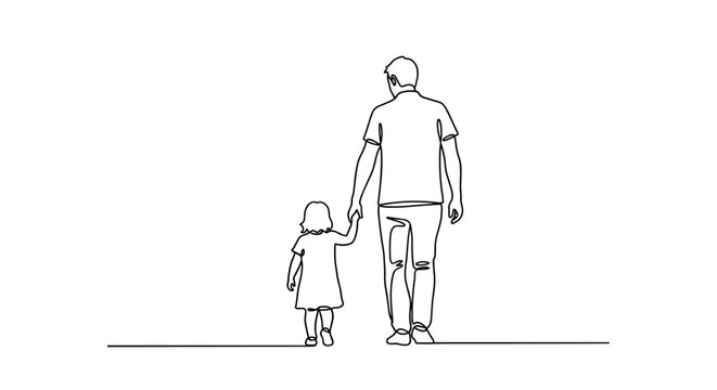 Continuous Line Drawing of Father and Daughter Hold Hands and Walk Together Away