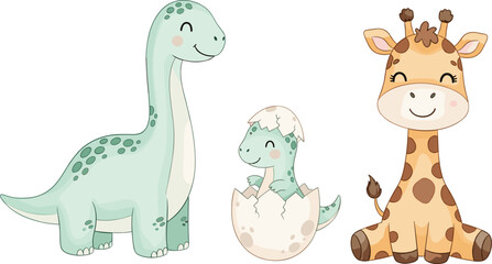 Fototapeta premium Cute Dinosaur and Giraffe Characters with Baby Dino in Egg, Hand-drawn Illustration for Kids