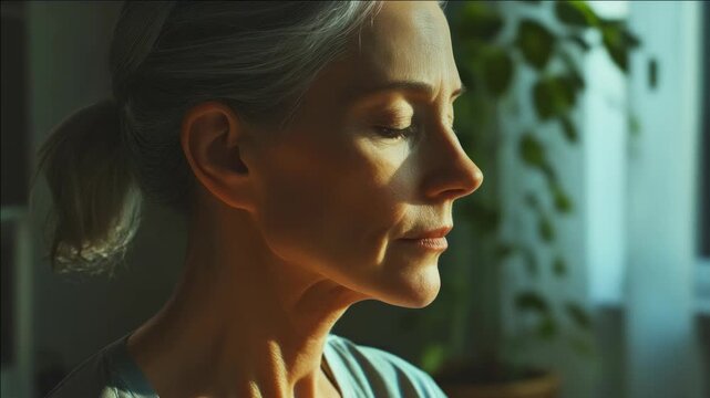 Meditating woman with closed eyes, reflective pose and relaxed expression, set in a peaceful indoor environment. Ideal for themes of mindfulness, well-being, spiritual practices or self-care.