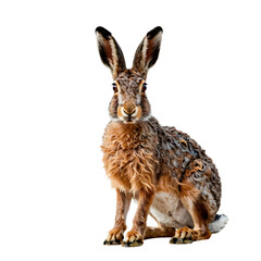 Obraz premium European hare sits upright against a plain black background with its long ears raised