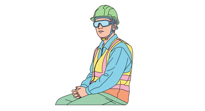 Man wearing safety gear sitting down.